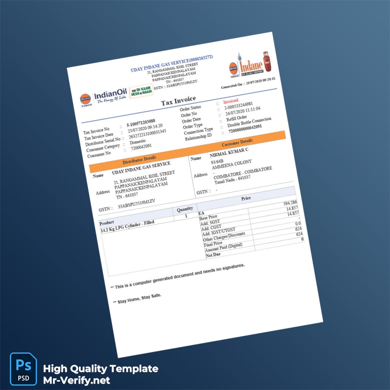 India Uday Indane Gas Service Tax Invoice Template in Word and PDF formats India Uday Indane Gas Service Tax Invoice Template in Word and PDF formats