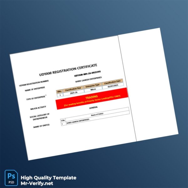 India Udyam Registration Authority Business Registration Certificate Template in Word and PDF formats