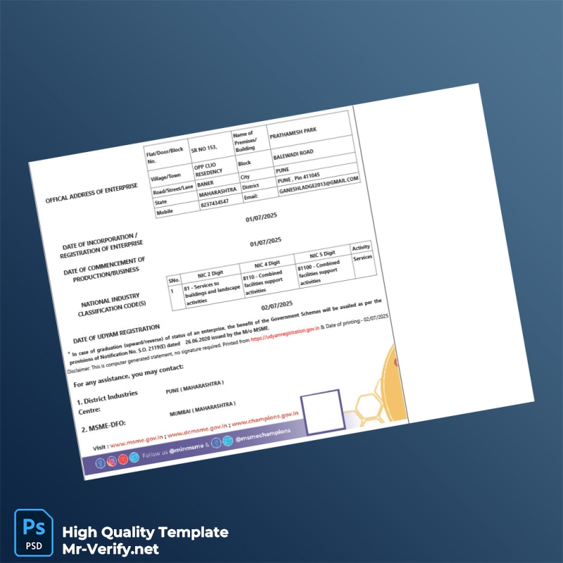 India Udyam Registration Authority Business Registration Certificate Template in Word and PDF formats page 2 India Udyam Registration Authority Business Registration Certificate Template in Word and PDF formats page 2