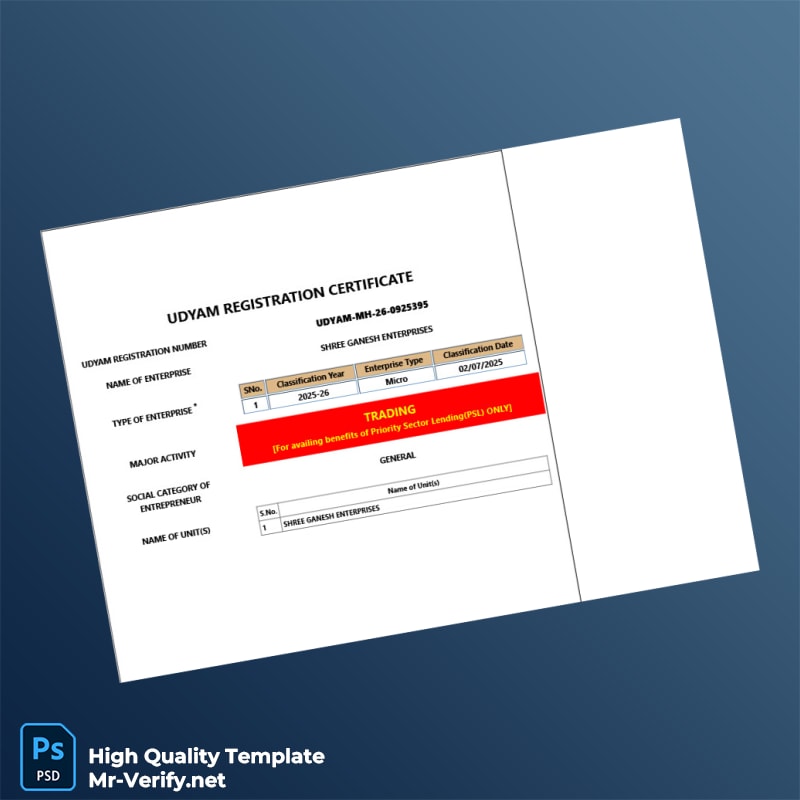 India Udyam Registration Authority Business Registration Certificate Template in Word and PDF formats India Udyam Registration Authority Business Registration Certificate Template in Word and PDF formats