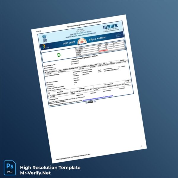 Editable India Udyog Aadhar Registration Certificate Word and Pdf Template Preview - Mac Doc