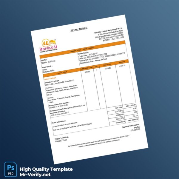 India UnfoldU Global Marketing PVT LTD Invoice Template in Word and PDF formats India UnfoldU Global Marketing PVT LTD Invoice Template in Word and PDF formats