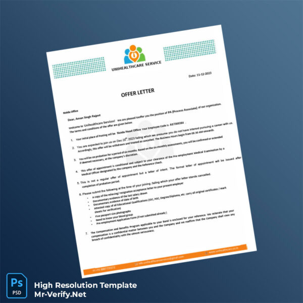 Editable India Unihealthcare Services Employment Verification Letter Word and Pdf Template Preview - Mac Doc