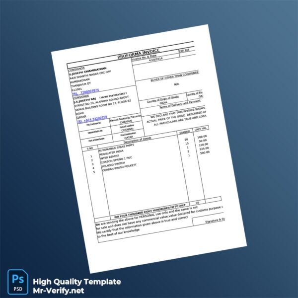 India United Restaurants Company Proforma Invoice Template in Word and PDF formats
