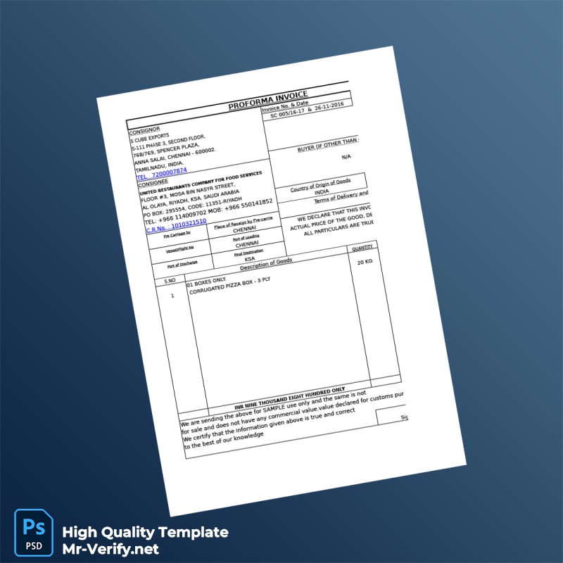 India United Restaurants Company Proforma Invoice Template in Word and PDF formats page 5 India United Restaurants Company Proforma Invoice Template in Word and PDF formats page 5