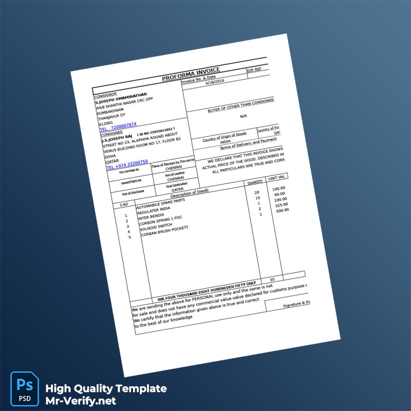 India United Restaurants Company Proforma Invoice Template in Word and PDF formats India United Restaurants Company Proforma Invoice Template in Word and PDF formats
