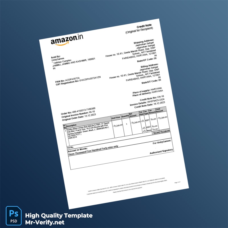 India UnityGames Credit Note Template in Word and PDF formats India UnityGames Credit Note Template in Word and PDF formats