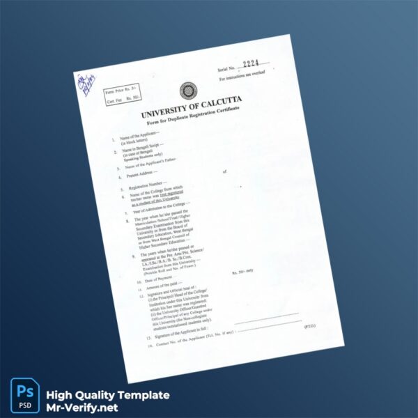 India University of Calcutta Editable Duplicate Registration Certificate Template in Word and PDF formats