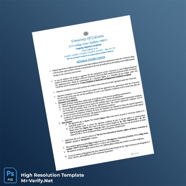 Editable India University of Calcutta Editable Migration Certificate Word and Pdf Template Preview