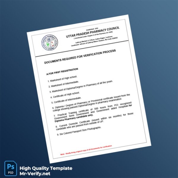 India Uttar Pradesh Pharmacy Council Document Required New Registration Template in Word and PDF formats