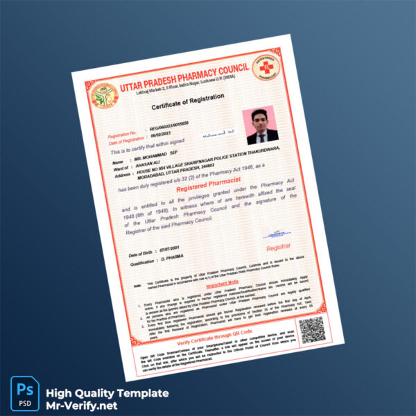 India Uttar Pradesh Pharmacy Council Registration Certificate Template in Word and PDF formats