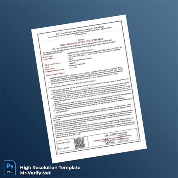 Editable India Uttar Pradesh Real Estate Regulatory Authority Registration Certificate Word and Pdf Template Preview - Mac Doc
