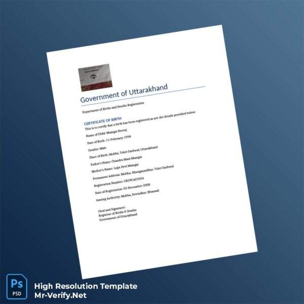 Editable India Uttarakhand Birth Certificate Word and Pdf Template Preview - Mac Doc