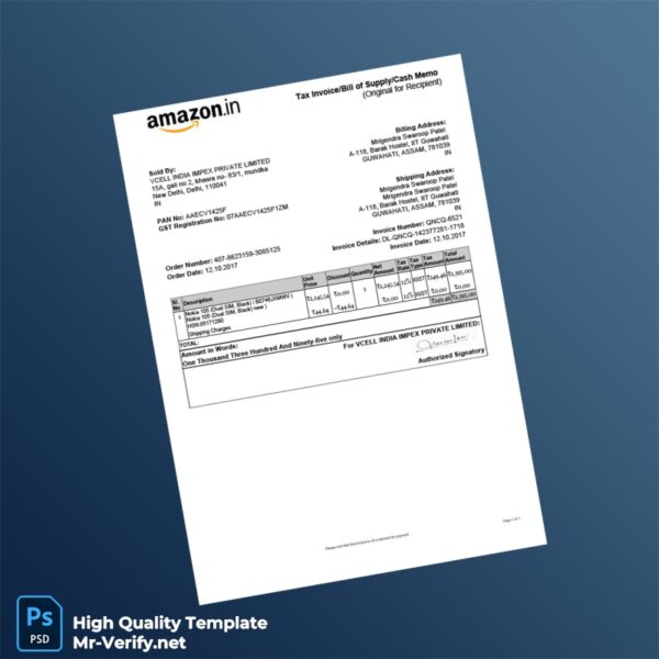 India VCELL INDIA IMPEX PRIVATE LIMITED Invoice Template in Word and PDF formats