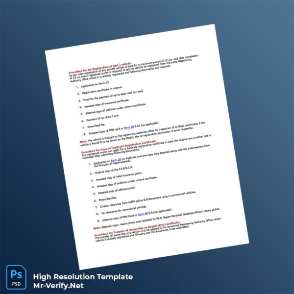 Editable India Vehicle Re-Registration Certificate Word and Pdf Template Preview - Mac Doc