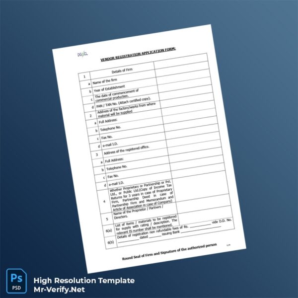 Editable India Vendor Registration Application Form Word and Pdf Template Preview - Mac Doc