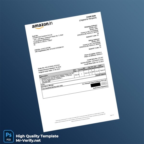 India Vinayak Etail Solutions Pvt Ltd Credit Note Template in Word and PDF formats