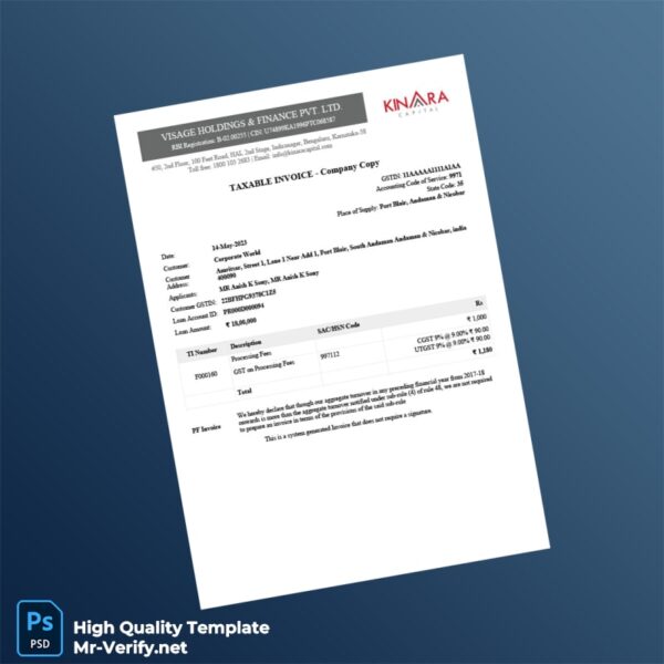 India Visage Holdings Finance Pvt Ltd Tax Invoice Template in Word and PDF formats