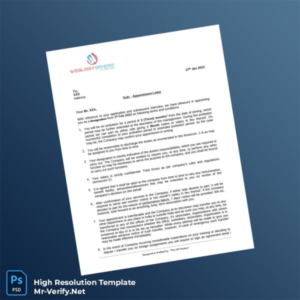 Editable India WeblogySphere Employment Verification Letter Word and Pdf Template Preview - Mac Doc