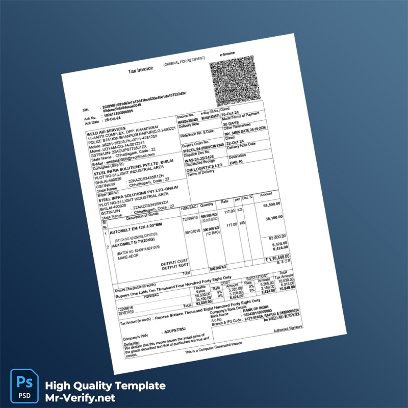 India Weld Aid Services Invoice Template in Word and PDF formats India Weld Aid Services Invoice Template in Word and PDF formats