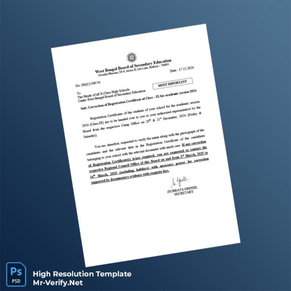 Editable India West Bengal Board of Secondary Education Registration Certificate Word and Pdf Template Preview - Mac Doc