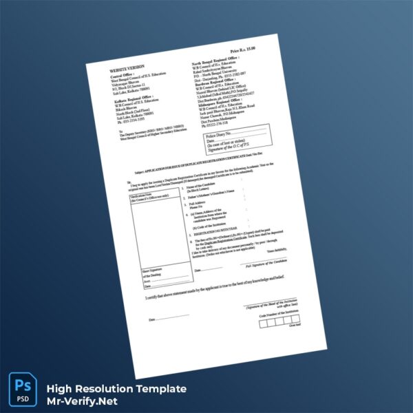 Editable India West Bengal Council of Higher Secondary Education Duplicate Registration Certificate Word and Pdf Template Preview - Mac Doc