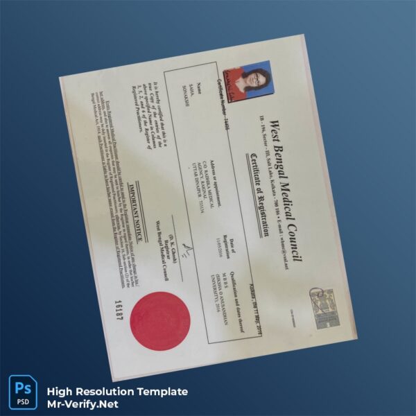Editable India West Bengal Medical Council Certificate of Registration Word and Pdf Template Preview