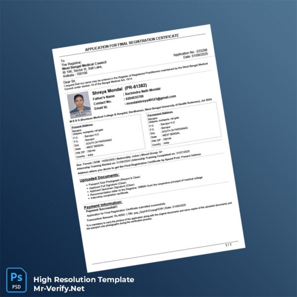 Editable India West Bengal Medical Council Final Registration Certificate Word and Pdf Template Preview - Mac Doc