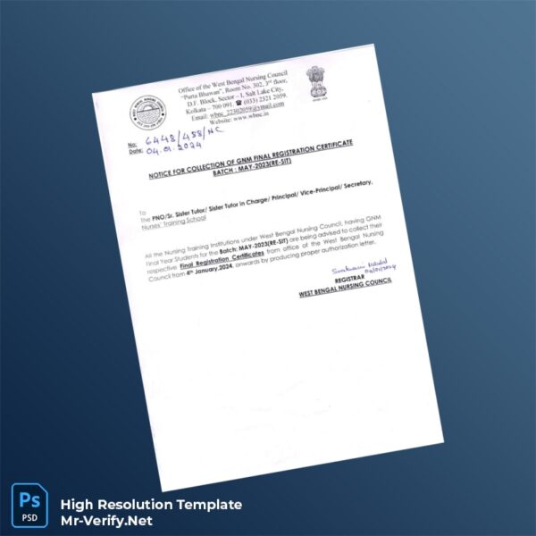 Editable India West Bengal Nursing Council Editable Final Registration Certificate Word and Pdf Template Preview