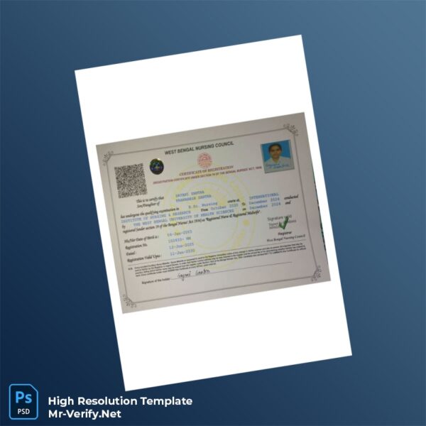 Editable India West Bengal Nursing Council Registration Certificate Word and Pdf Template Preview - Mac Doc