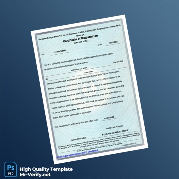 India West Bengal State Tax Department Registration Certificate Template in Word and PDF formats