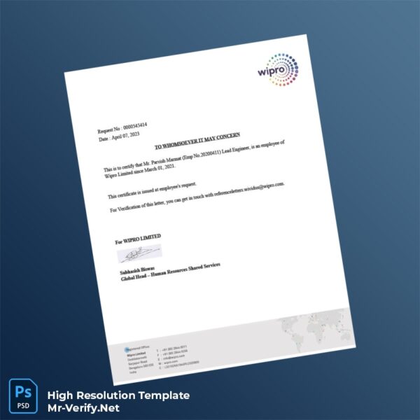 Editable India Wipro Limited Employment Verification Letter Word and Pdf Template Preview - Mac Doc
