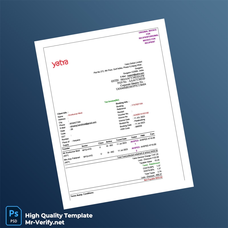 India Yatra Online Limited Invoice Template in Word and PDF formats India Yatra Online Limited Invoice Template in Word and PDF formats