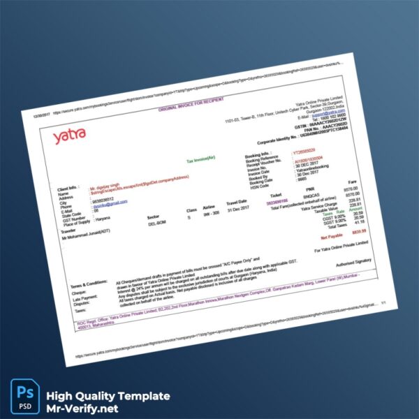 India Yatra Online Private Limited Tax Invoice Template in Word and PDF formats India Yatra Online Private Limited Tax Invoice Template in Word and PDF formats