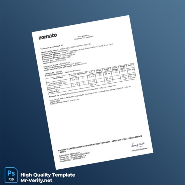 India Zomato Limited Tax Invoice Template in Word and PDF formats