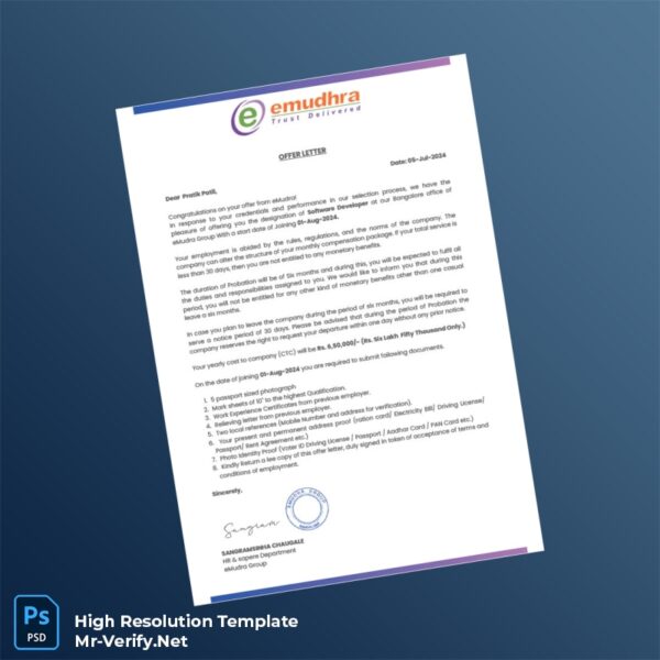 Editable India eMudra Employment Verification Letter Word and Pdf Template Preview - Mac Doc