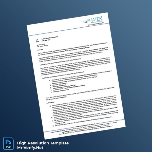 Editable India mPHATEX Systems Private Limited Employment Verification Letter Word and Pdf Template Preview - Mac Doc