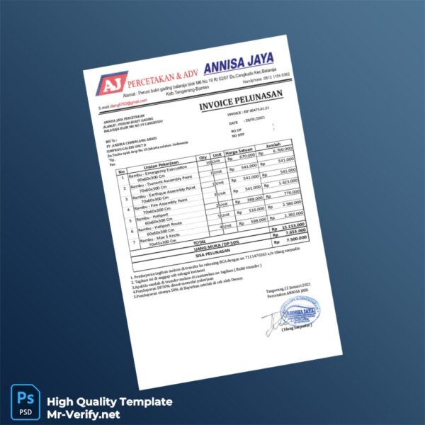 Indonesia Annisa Jaya Percetakan Invoice Template in Word and PDF formats