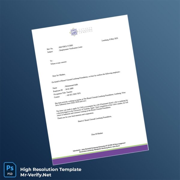 Editable Indonesia Binaul Ummah Lembang Foundation Employment Verification Letter Word and Pdf Template Preview - Mac Doc