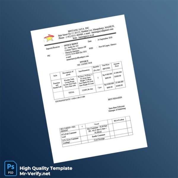 Indonesia Bintang Jaya Inc Invoice Template in Word and PDF formats