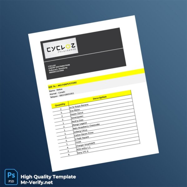 Indonesia CYCLOZ LIQUID DISTRIBUTION Invoice Template in Word and PDF formats Indonesia CYCLOZ LIQUID DISTRIBUTION Invoice Template in Word and PDF formats