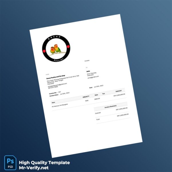 Indonesia Encus Poultry and Pet Shop Invoice Template in Word and PDF formats
