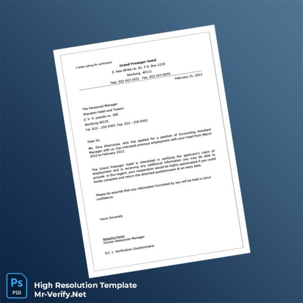 Editable Indonesia Grand Preanger Hotel Employment Verification Letter Word and Pdf Template Preview - Mac Doc