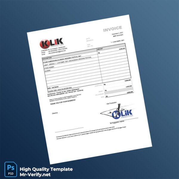 Indonesia Klik Production Invoice Template in Word and PDF formats