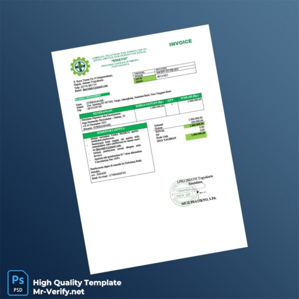 Indonesia Lembaga Pelatihan dan Konsultasi K3 Dhayo Invoice Template in Word and PDF formats