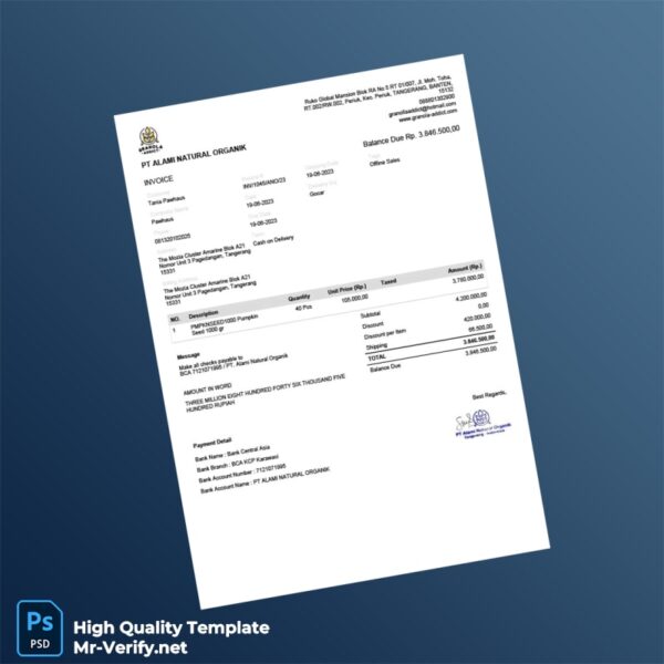 Indonesia PT Alami Natural Organik Invoice Template in Word and PDF formats