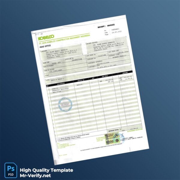 Indonesia PT Daya Kobleco Construction Machinery Indonesia Invoice Template in Word and PDF formats