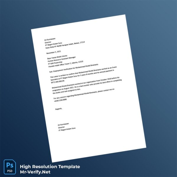 Editable Indonesia PT Negeri Kolam Susu Employment Verification Letter Word and Pdf Template Preview - Mac Doc