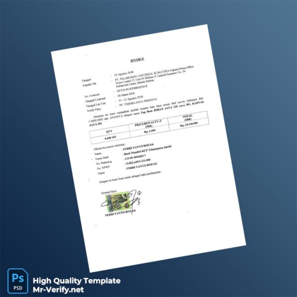 Indonesia PT PELABUHAN UNIVERSAL SUMATERA Invoice Template in Word and PDF formats Indonesia PT PELABUHAN UNIVERSAL SUMATERA Invoice Template in Word and PDF formats