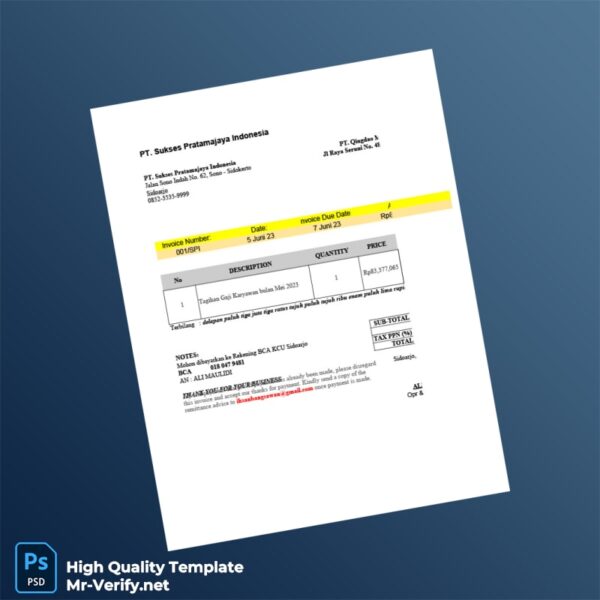 Indonesia PT Sukses Pratamajaya Indonesia Invoice Template in Word and PDF formats